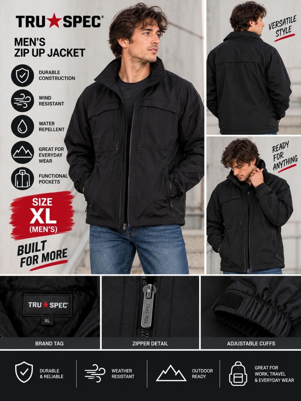 Tru spec mens XL black zip up jacket #06